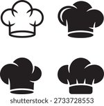 Four black and white chef hat icons in different styles and orientations on a plain white background.