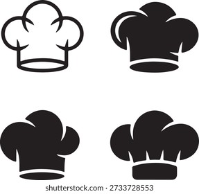 Four black and white chef hat icons in different styles and orientations on a plain white background.