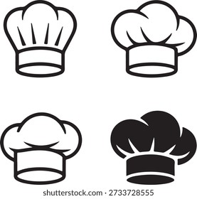 Four black and white chef hat icons in different styles and shading on a white background.