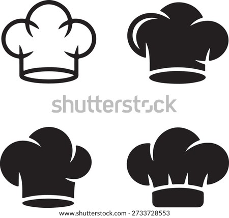 Four black and white chef hat icons in different styles and orientations on a plain white background.