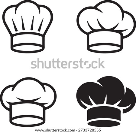 Four black and white chef hat icons in different styles and shading on a white background.