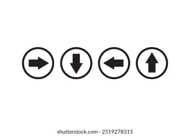 Four black and white circular icons with directional arrows inside, pointing right, down, left, and up. Simple and minimalistic design on a white background.