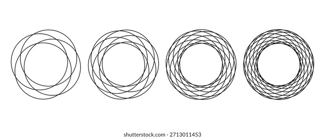 Four black and white circular shapes with varying line patterns on a