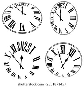 Four black and white clock face designs featuring Roman numerals and traditional clock hands, focusing on the countdown to 2025. A timeless and classic design concept.