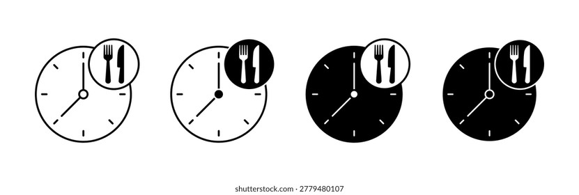 Four black and white clock symbols each paired with a fork and knife badge. The set shows alternate filled and outlined circular time icons on a light gray background.