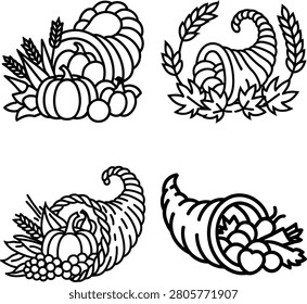 Four black and white cornucopia icons containing harvest vegetables isolated on a transparent background