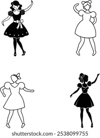  Four Black And White Dancing Girls Illustration