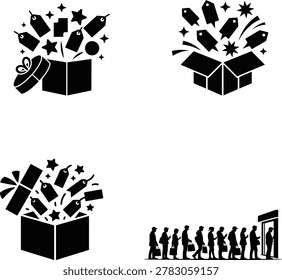 Four black and white featuring open gift boxes with exploding tags and stars, alongside a silhouette of a long line of people waiting to enter a store, representing retail activity.