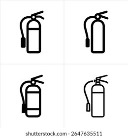 Quatro ícones de extintor preto e branco são dispostos em um fundo branco, exibido em formato quadrado, apresentando diferentes estilos minimalistas.