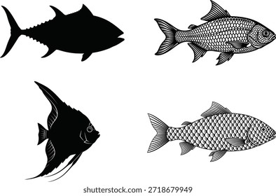 Four black and white fish illustrations
