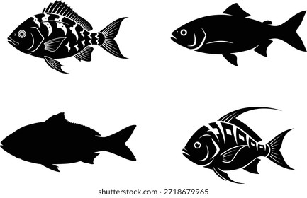 Four black and white fish silhouettes illustration