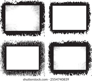 four black and white frames with grunge texture, Vintage Curated Set of Rustic Elegance grunge photo frame border with halftone dot texture, Four Distinct Grunge Photo Frames with Unique Textures 