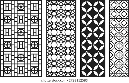 Four black and white geometric jali patterns with intricate