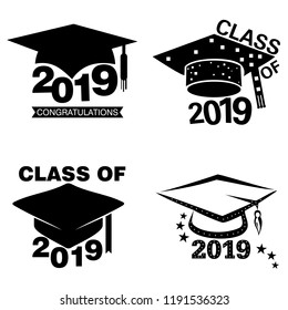 Four black and white graduation sticker or label designs on an isolated white background