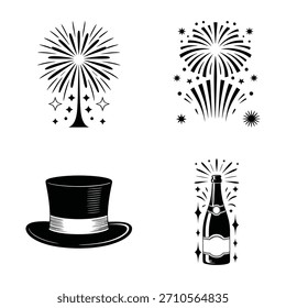 Four black and white graphic elements for celebration: two fireworks, a top hat, and a champagne bottle.