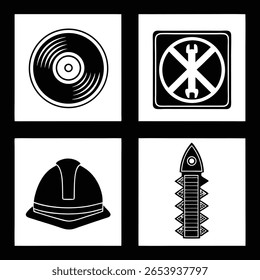 Four black and white graphic icons are displayed on a white background. The icons include a vinyl record, a wrench symbol within a circle and square, a hard hat, and a stylized rocket.