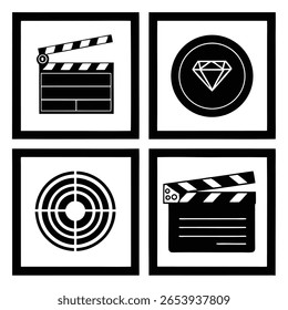 Four black and white graphic icons are arranged in a two-by-two grid within black borders.