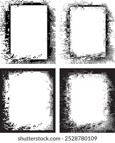 Cuatro marcos de grunge en blanco y negro con un cuadrado en el medio, cuatro marcos cuadrados con Vector de textura grunge, conjunto de marcos en blanco y negro