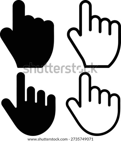Four black and white hand cursor with pointing and clicking index fingers