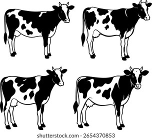Four black and white Holstein Friesian cows are depicted in a clean, graphic style against a white background svg