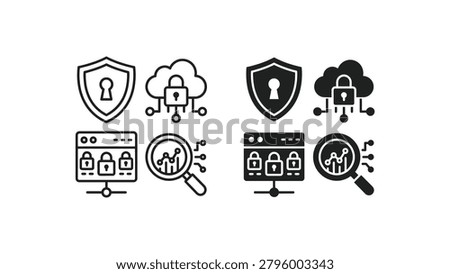 Four black and white icons depicting security shields, cloud networks with lock symbols, database servers, and magnifying glasses analyzing data. Perfect for cybersecurity, IT, and tech presentations.