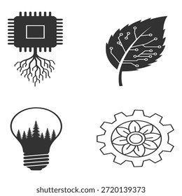Cuatro iconos en blanco y negro que representan la tecnología y la naturaleza, incluido un microchip con raíces, una hoja con circuitos, una bombilla con árboles y un engranaje con una flor.