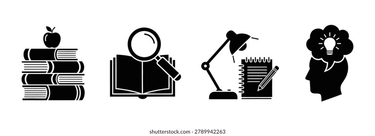 Four black and white icons representing education and learning: a stack of books with an apple, an open book with a magnifying glass, a desk lamp with a notebook and pencil, and a human head with a lightbulb and flowers.   