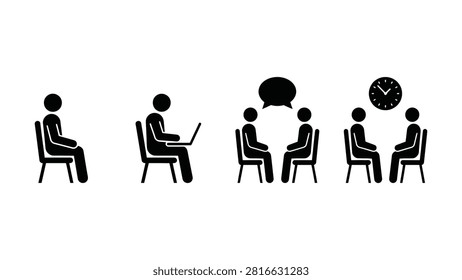 Four black and white icons show person waiting working on laptop talking and meeting with clock above
