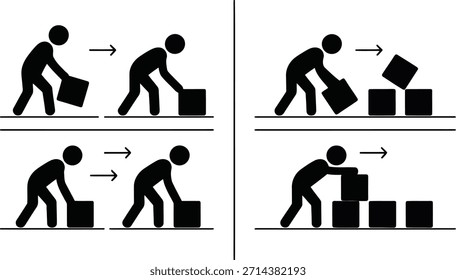 Four black and white illustrations demonstrate the process of lifting, carrying, and stacking boxes, highlighting manual labor and logistics.