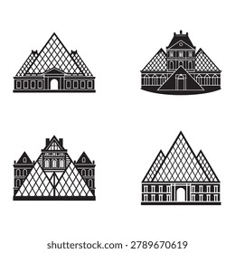Four black and white illustrations of different german halftimbered houses with steep roofs and white background