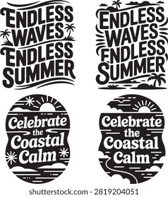 Four black and white illustrations feature coastal and summer themes including textbased designs and scenic views of the ocean sun palm trees and waves perfect for beachrelated projects