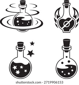 Four black and white illustrations of potion bottles with mystical and magical themes