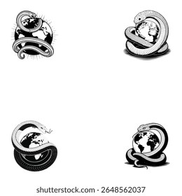 Four Black and White Illustrations of Snakes Encircling the Earth Globe world