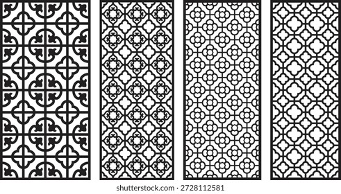 Four black and white jali patterns with intricate geometric