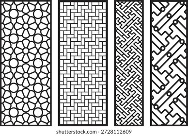 Cuatro patrones de jali blanco y negro con geométrica floral y zigzag