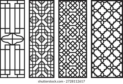Four black and white jali patterns with intricate geometric
