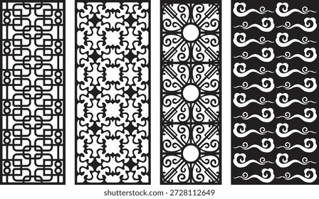Four black and white jali patterns with intricate geometric and floral