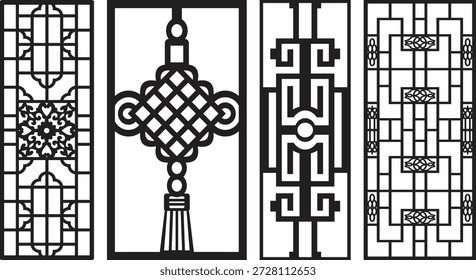 Four black and white jali patterns with intricate geometric 1