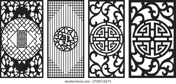 Four black and white jali patterns with intricate