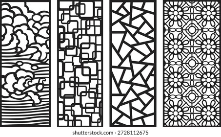 Four black and white jali patterns with intricate geometric