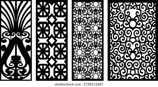 Four black and white jali patterns with intricate geometric and floral