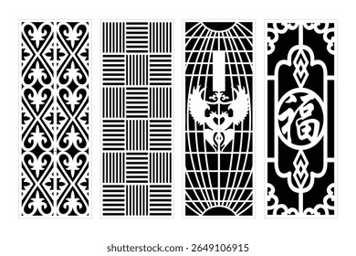 Four Black And White Laser Cut Panel Designs With Geometric And Cultural Elements