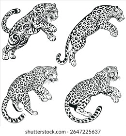 Quatro ilustrações de leopardo preto e branco em várias posas retratando a vida selvagem e o movimento felino gracioso