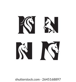 Four black and white letter n logos with horse designs in different poses and styles