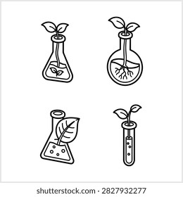 Four black and white line art icons depict small plant sprouts and leaves growing within various laboratory glassware, including conical flasks, a round bottom flask, and a test tube, symbolizing scientific research, botany, and biotechnology