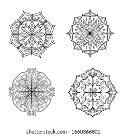 Four black and white mandalas isolate for coloring, design, decoration.
