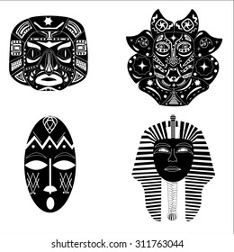 Four Black and White Masks shamans and Pharaoh with patterns