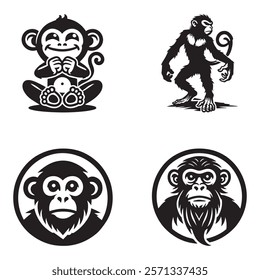 Four Black and White Monkey Illustrations for Design