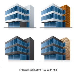 Four black and white office vector buildings in perspective view with blue glass facade in cartoon style.