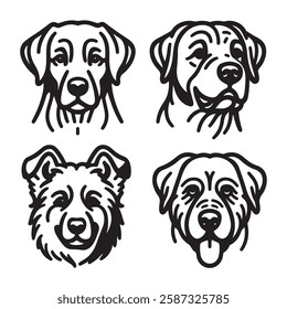 Four black and white outline drawings of dog manes, breeds and features. Icon, utline, isolated on white background, vector